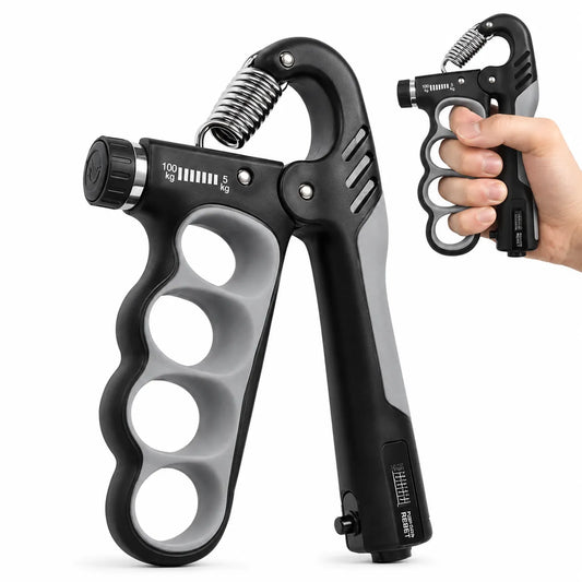 Justerbar handtränare med räknare och ergonomiskt grepp för att stärka hand, fingrar, handled och underarm hemma eller på gymmet.