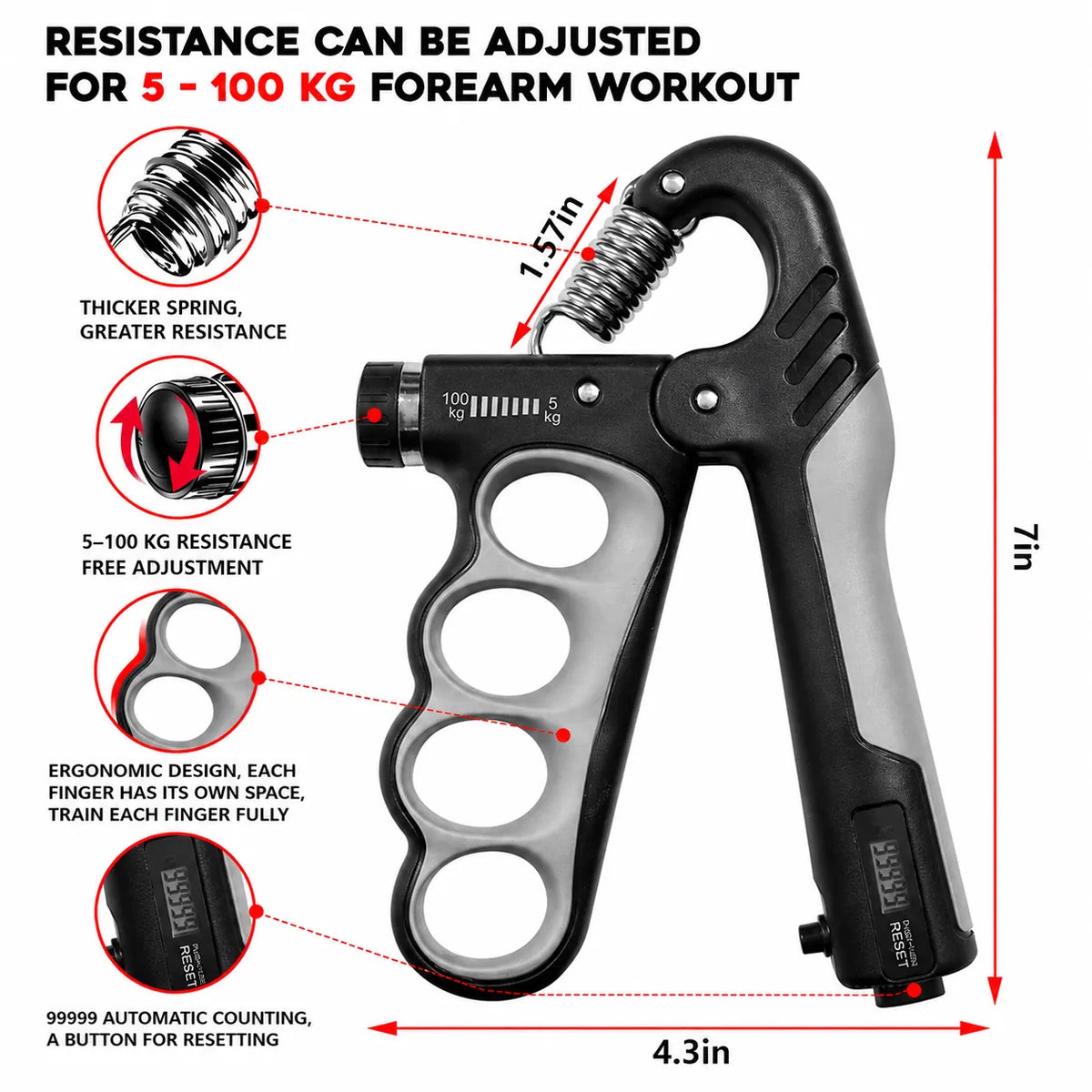 Justerbar handtränare med motstånd från 5–100 kg, ergonomiskt grepp och inbyggd räknare för effektiv träning av hand och underarm.