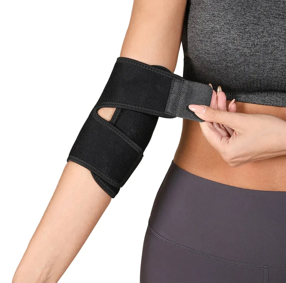 Justerbart armbågsstöd i neopren med följsam passform och justerbar rem runt armbågen.