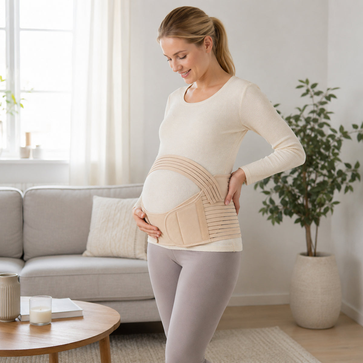 Gravid kvinna bär ett justerbart gravidbälte med mjuk och kroppsnära passform runt magen.