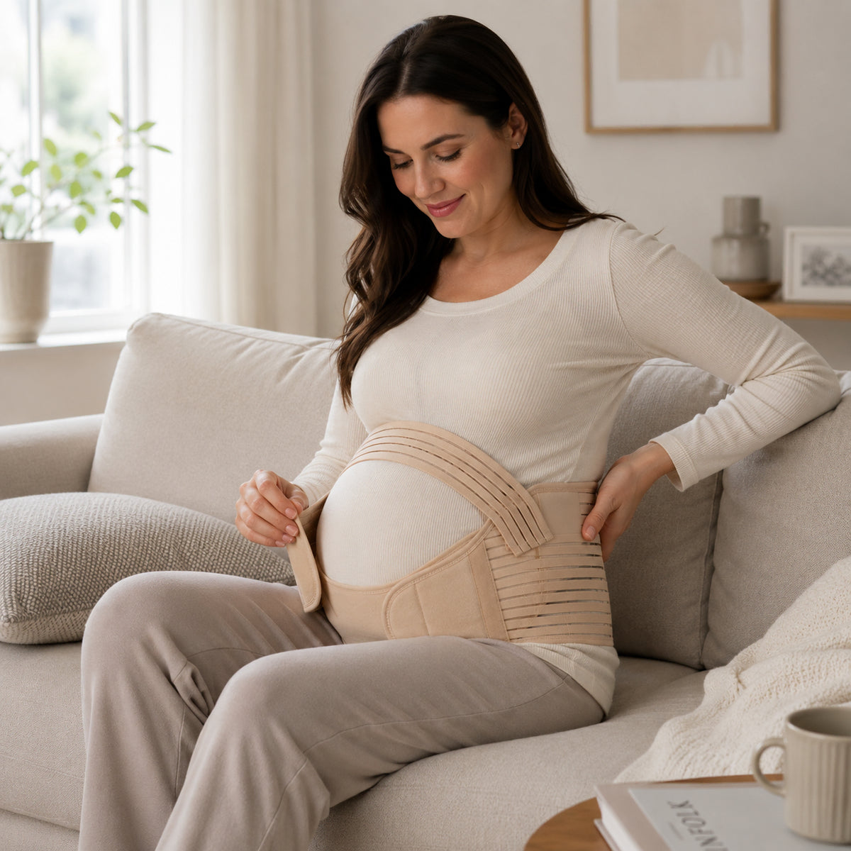 Gravid kvinna bär ett justerbart gravidbälte med kroppsnära passform runt magen.