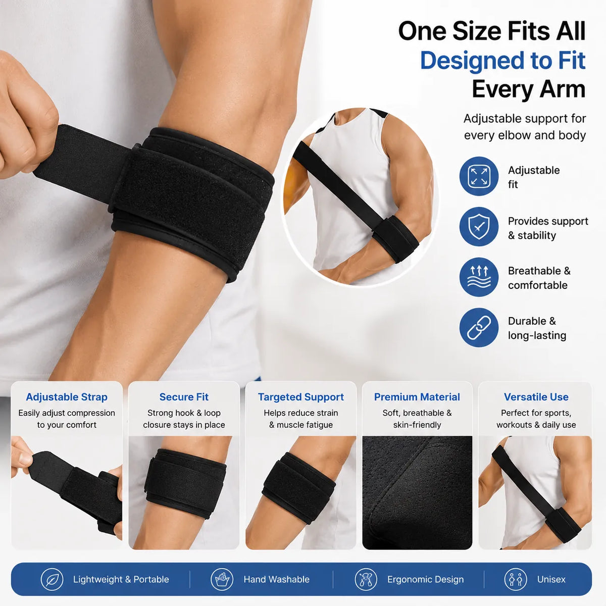 Justerbart armbågsstöd för tennisarmbåge med justerbar kompression som ger stabilitet, riktat stöd och bekväm passform för sport och vardag.