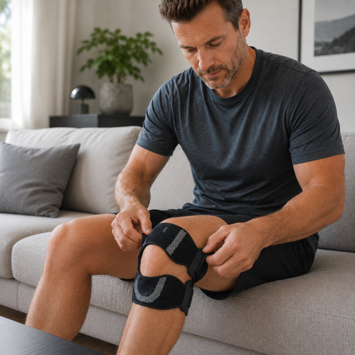 Man justerar ett knästöd för patellasenan med riktat stöd och avlastning under knäskålen.