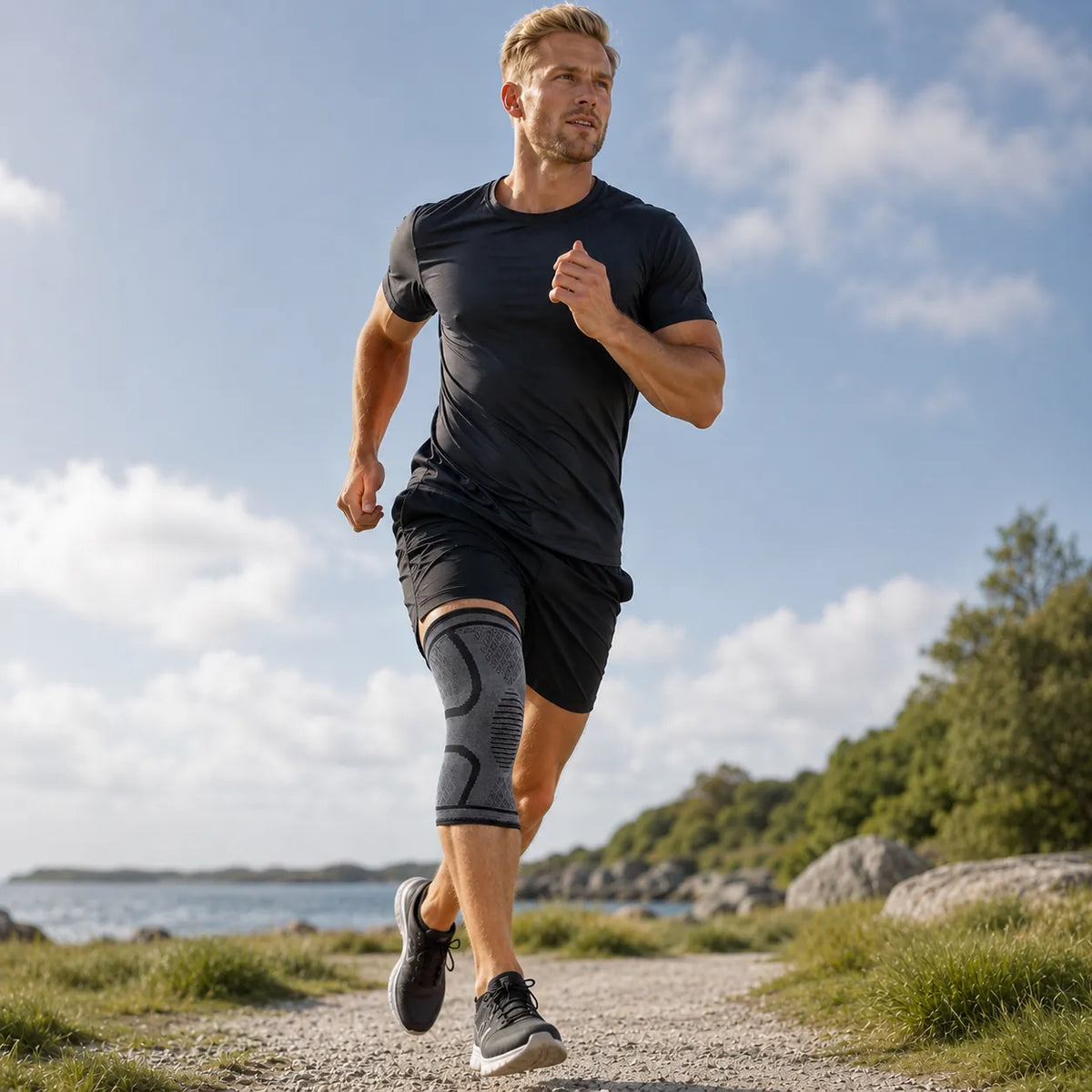 Person som springer utomhus med knäskydd med kompression och följsam passform runt knät.