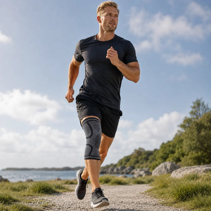 Person som springer utomhus med knäskydd med kompression och följsam passform runt knät.