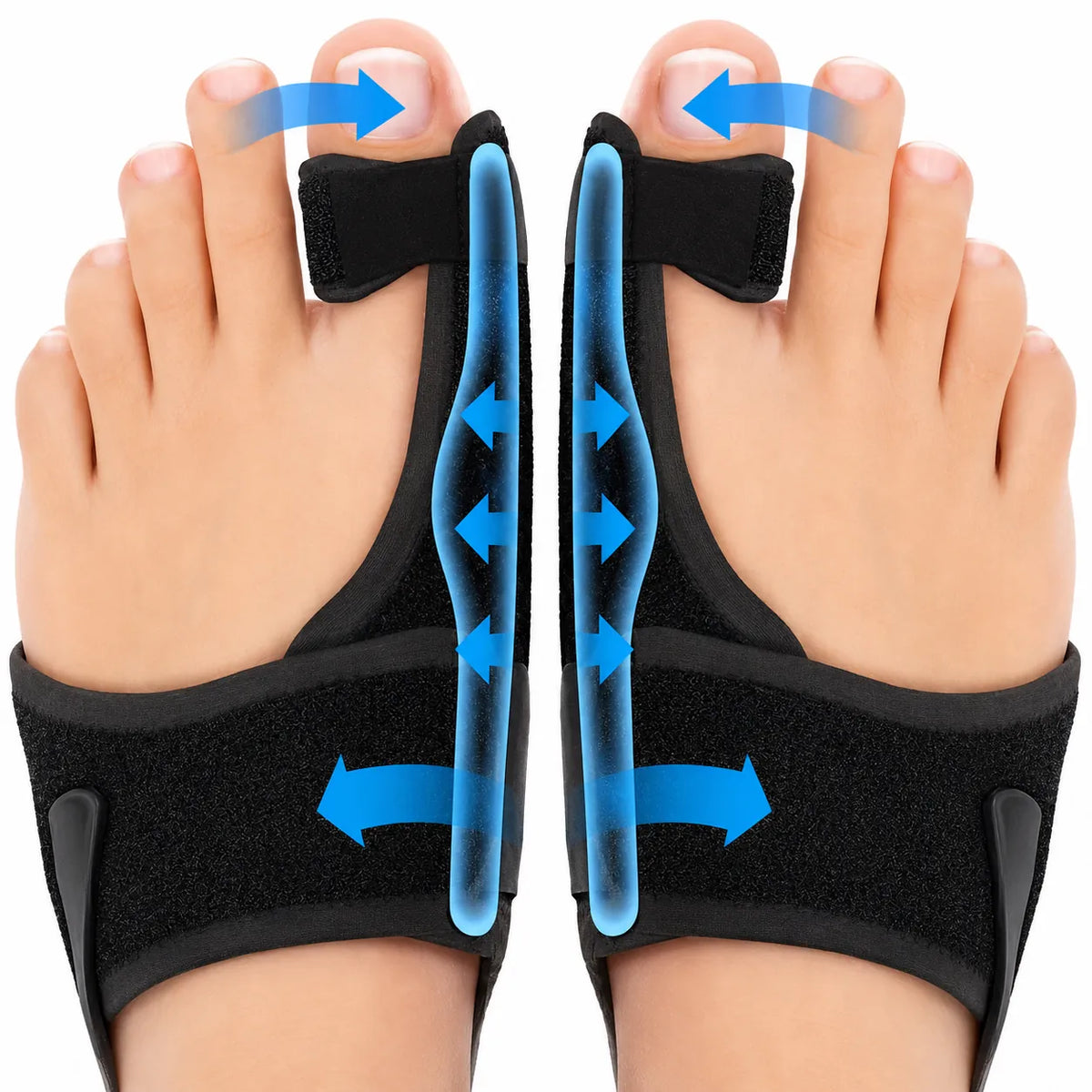 Infografik som visar hur en hallux valgus-nattskena hjälper till att rikta stortån och ge stabilt stöd för förbättrad tåposition under vila.