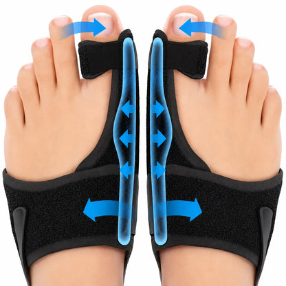 Infografik som visar hur en hallux valgus-nattskena hjälper till att rikta stortån och ge stabilt stöd för förbättrad tåposition under vila.