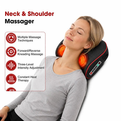 Kvinna använder massagekudde för nacke och axlar med roterande massage, värmefunktion och justerbar intensitet.