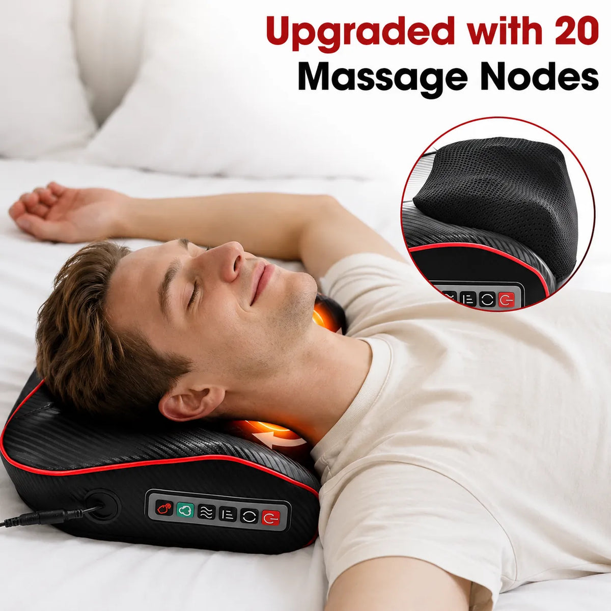 Man använder massagekudde för nacke och axlar med 20 massagepunkter och värmefunktion.