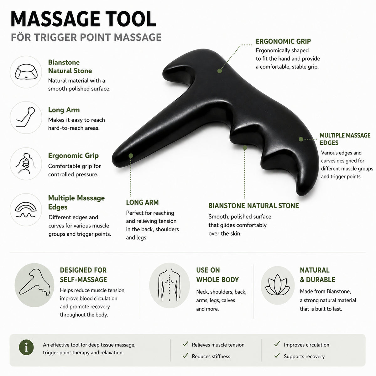 Ergonomiskt massageverktyg för triggerpunkts- och djupvävnadsmassage med flera massagekanter för nacke, rygg, axlar och ben.