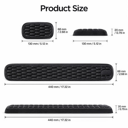 Storleksguide för ergonomiskt handleds- och musstöd i memory foam.