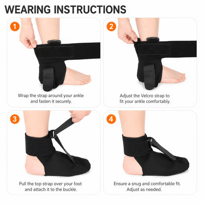 Stegvis instruktion för hur nattstöd för plantarfasciit fästs och justeras runt fot och fotled.