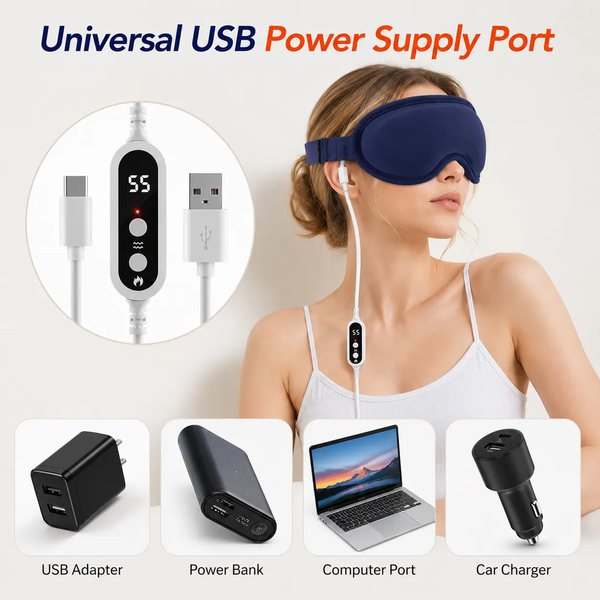 Kvinna använder mörkblå massageögonmask med USB-anslutning och olika strömkällor visade nedtill.
