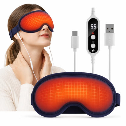 Kvinna använder uppvärmd ögonmask med massagefunktion och USB-kontroll på vit bakgrund.
