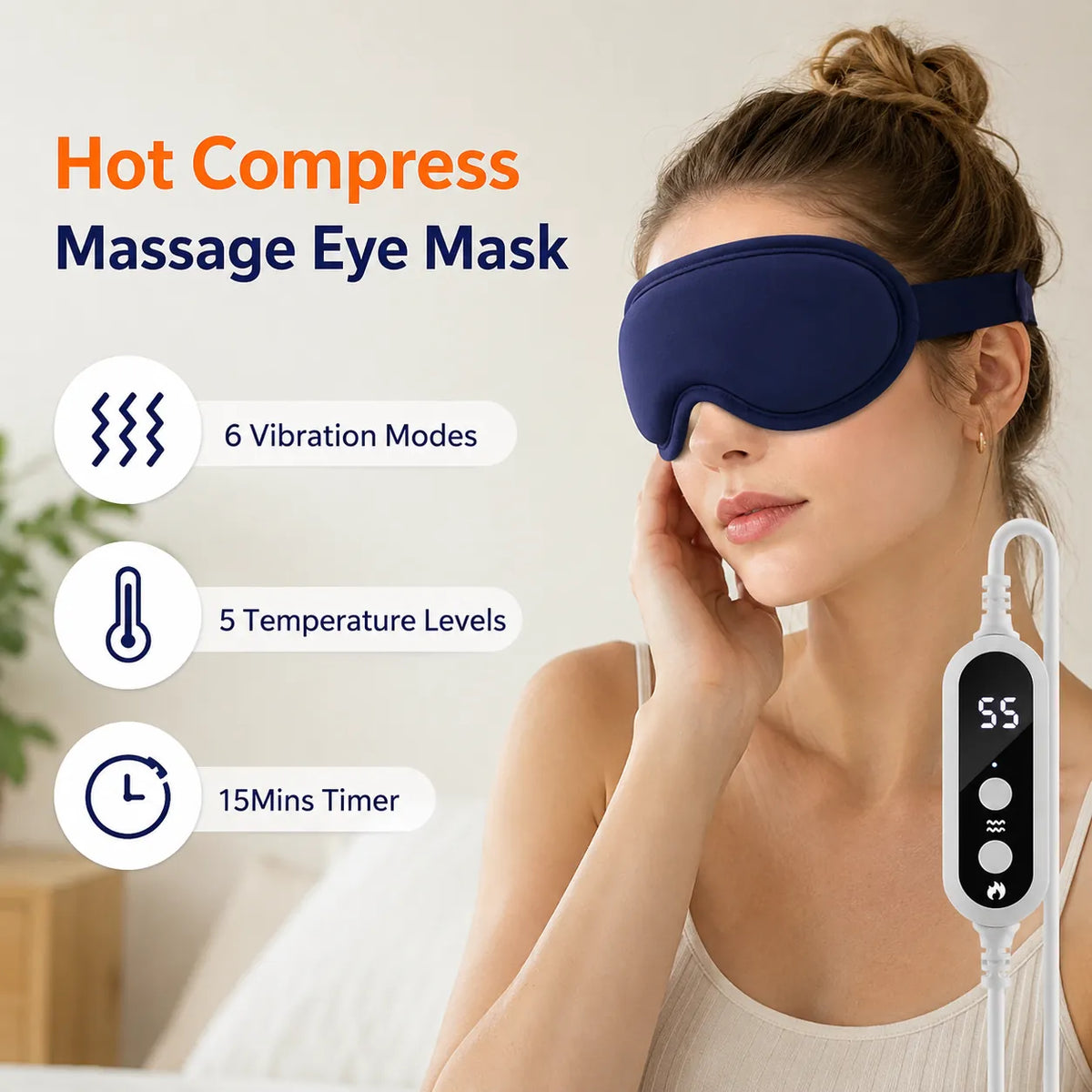 Kvinna använder uppvärmd massageögonmask med temperaturkontroll och timerfunktion.