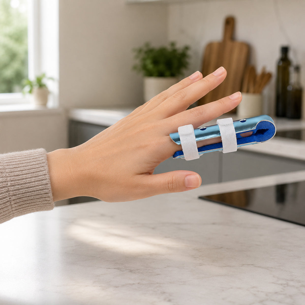 Fingerstöd i aluminium buret på ett finger med två kardborreband.