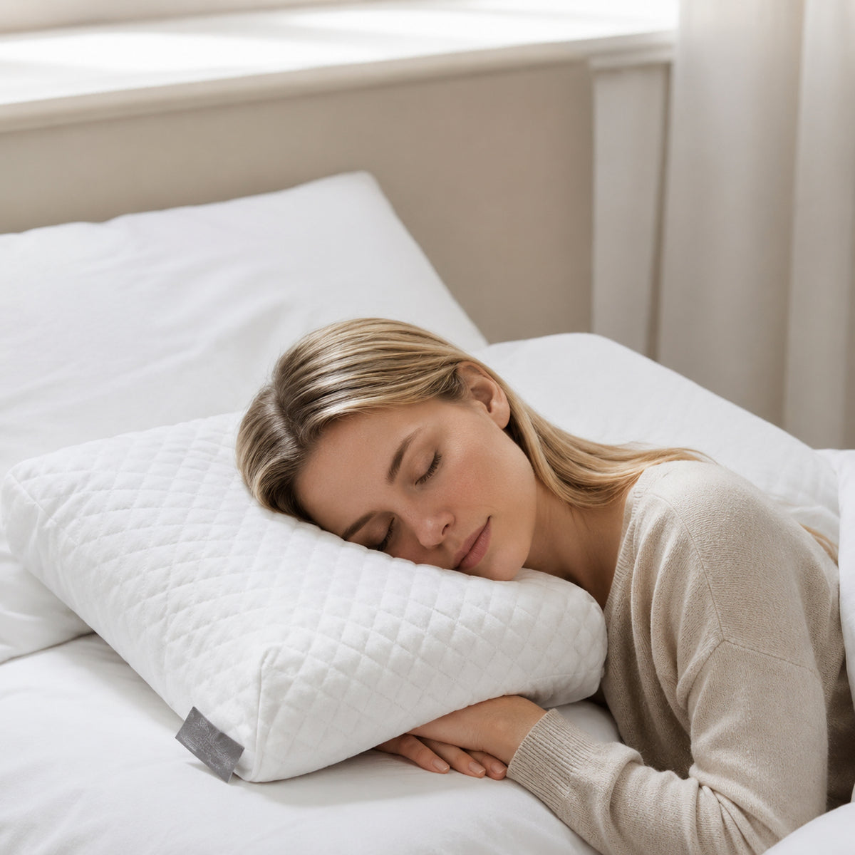 Skandinavisk kvinna som sover på en ergonomisk ortopedisk minnesskumskudde med konturerad design för stöd åt nacke och huvud.