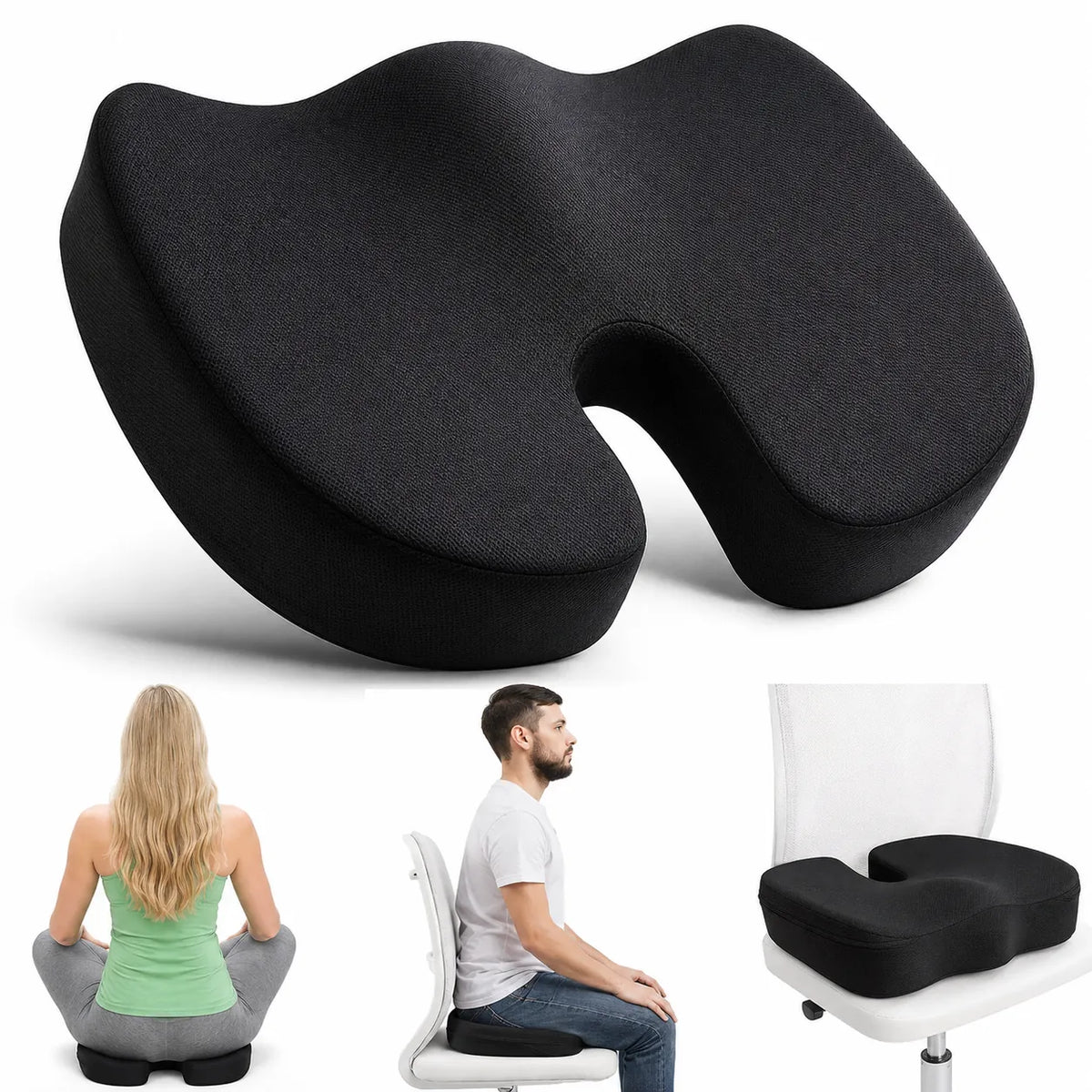 Ergonomisk ortopedisk sittkudde i minnesskum för bättre sittkomfort och avlastning av rygg, höfter och svanskota.