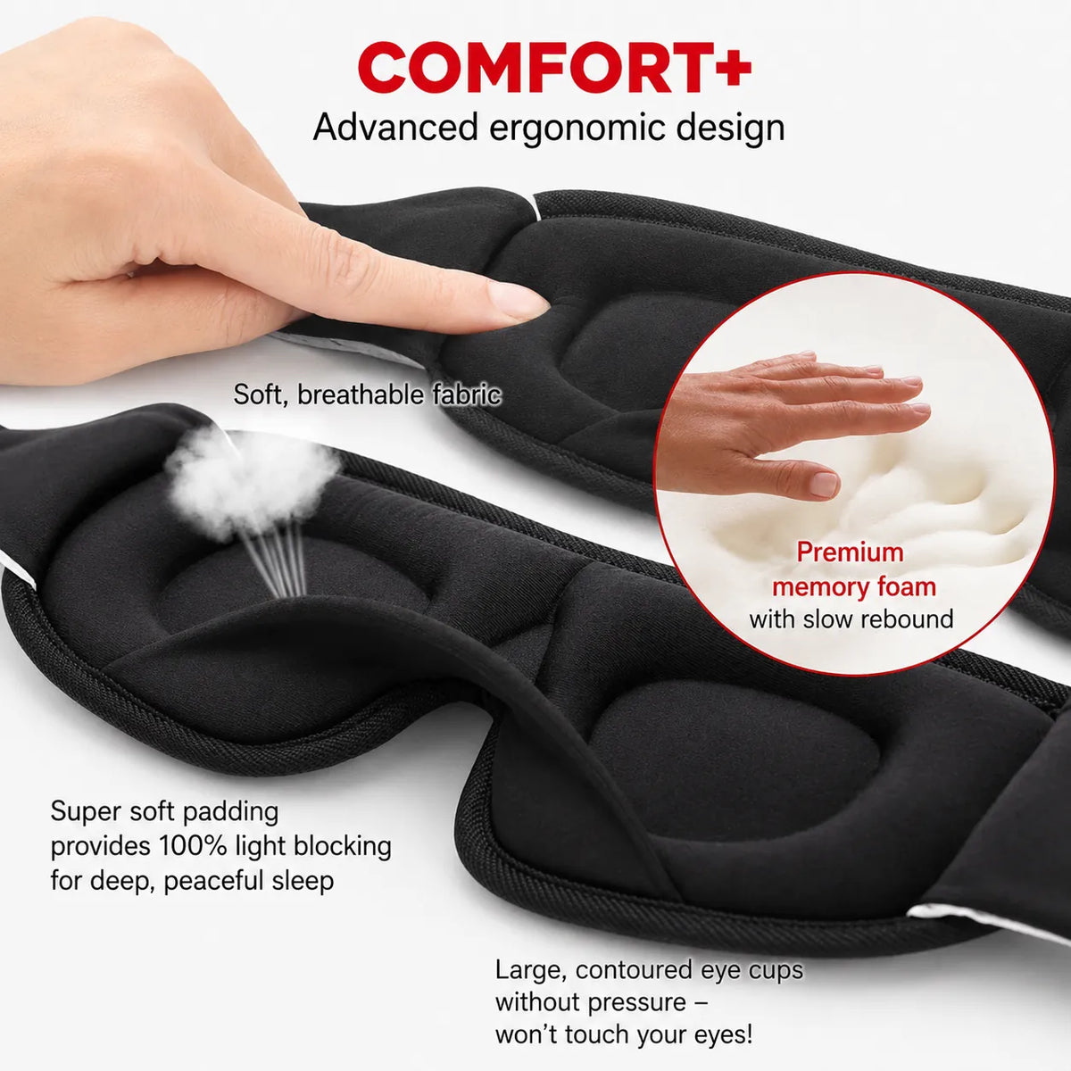 Närbild av 3D-sovmask med ergonomisk design och mjuk memory foam.