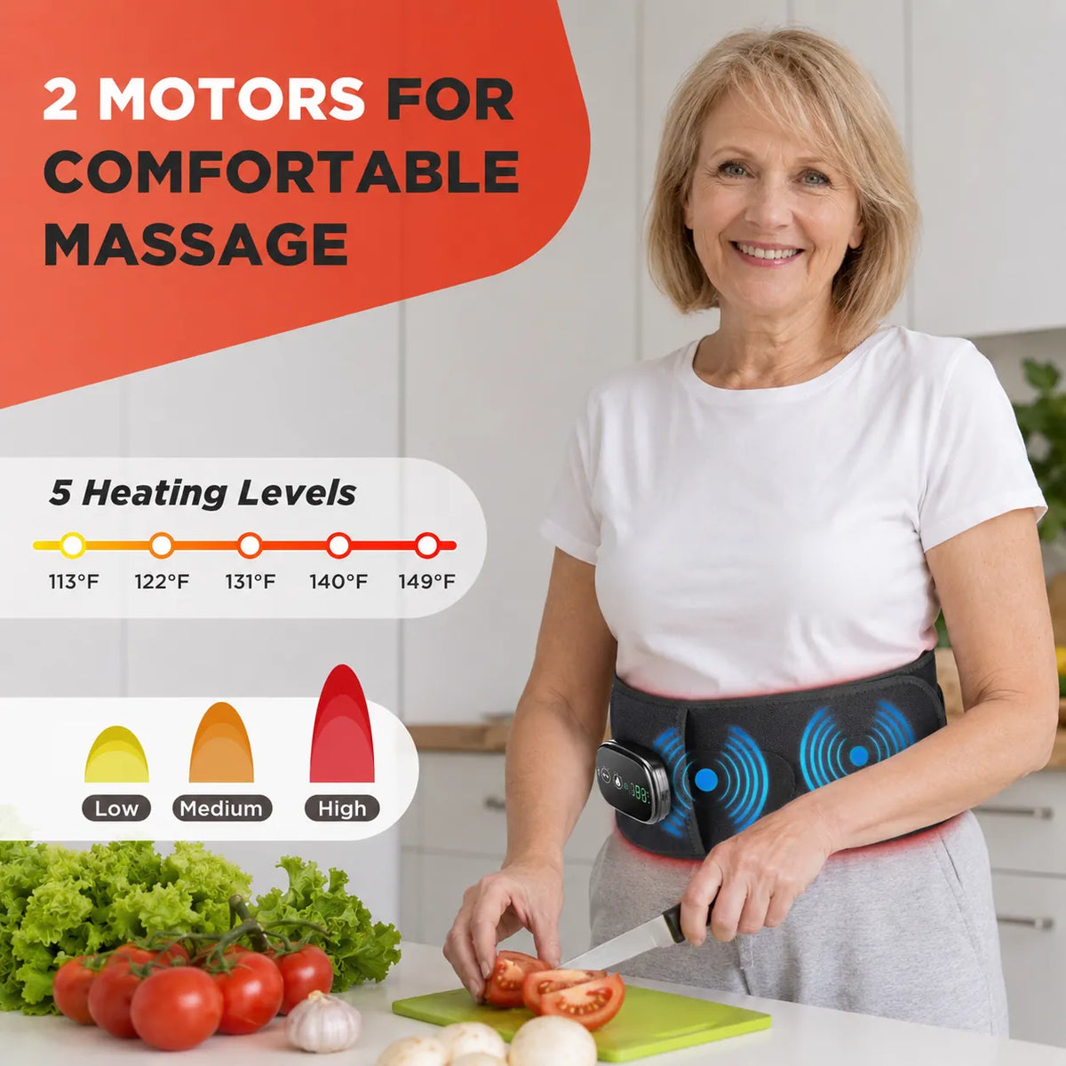 Massagefunktion och flera värmenivåer på stödbältet
