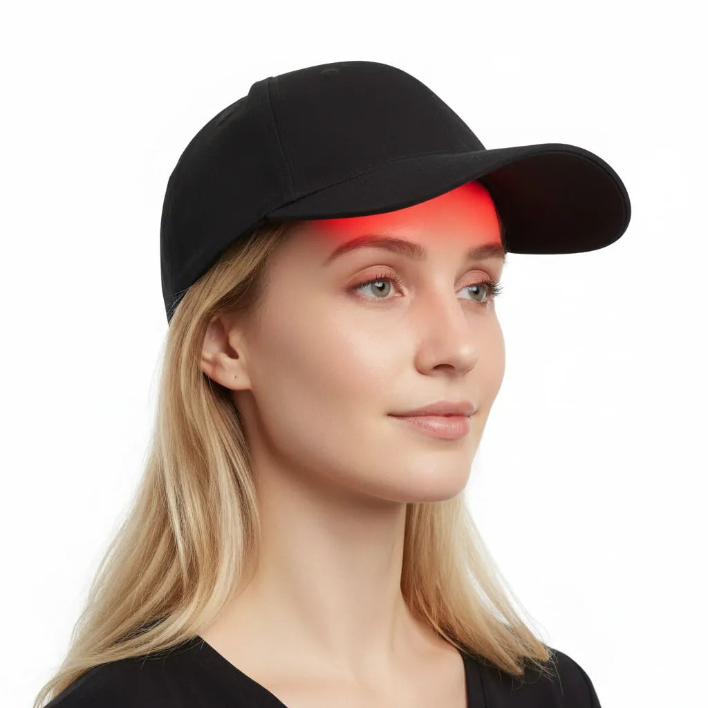 Kvinna bär svart rödljusterapi-keps med rött LED-ljus.