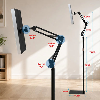 Justerbart golvstativ för rödljuslampa med flexibel arm, roterbar panel och måttangivelser.