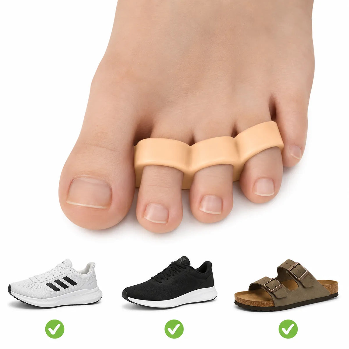Silikon tåspridare med mjuk design som separerar tårna och passar i sneakers, skor och sandaler.