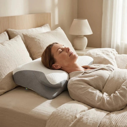 Skandinavisk kvinna som vilar i säng med ergonomisk sovkudde i mjukt quiltat material.