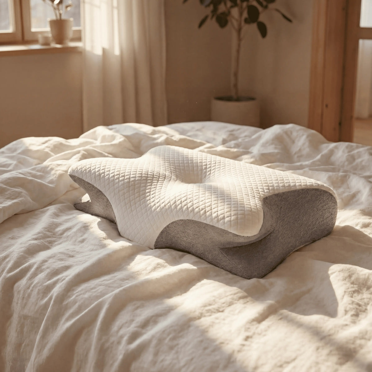 Ergonomisk sovkudde med memory foam placerad på säng i lugn sovrumsmiljö