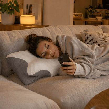Kvinna som vilar på ergonomisk sovkudde i soffan och använder mobiltelefon hemma