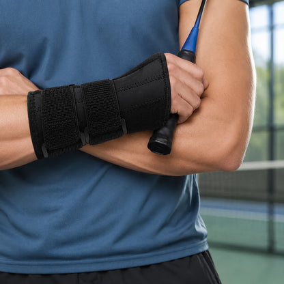 Person använder stabilt handledsbandage under racketsport.