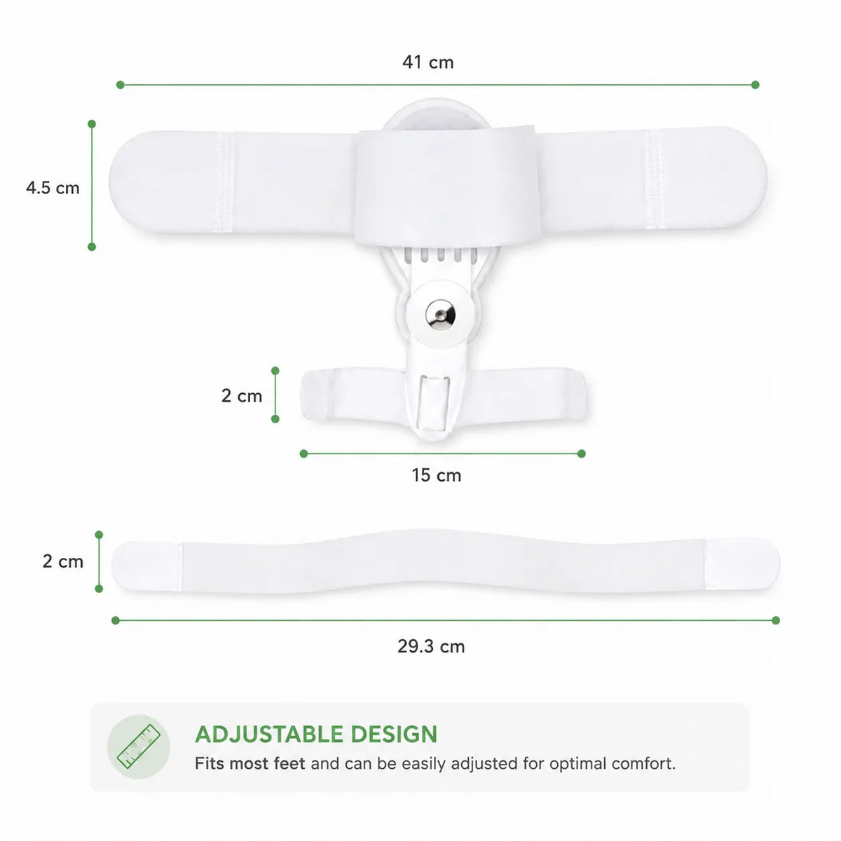 Mått och justerbar design för stortåstöd vid hallux valgus med roterande led.