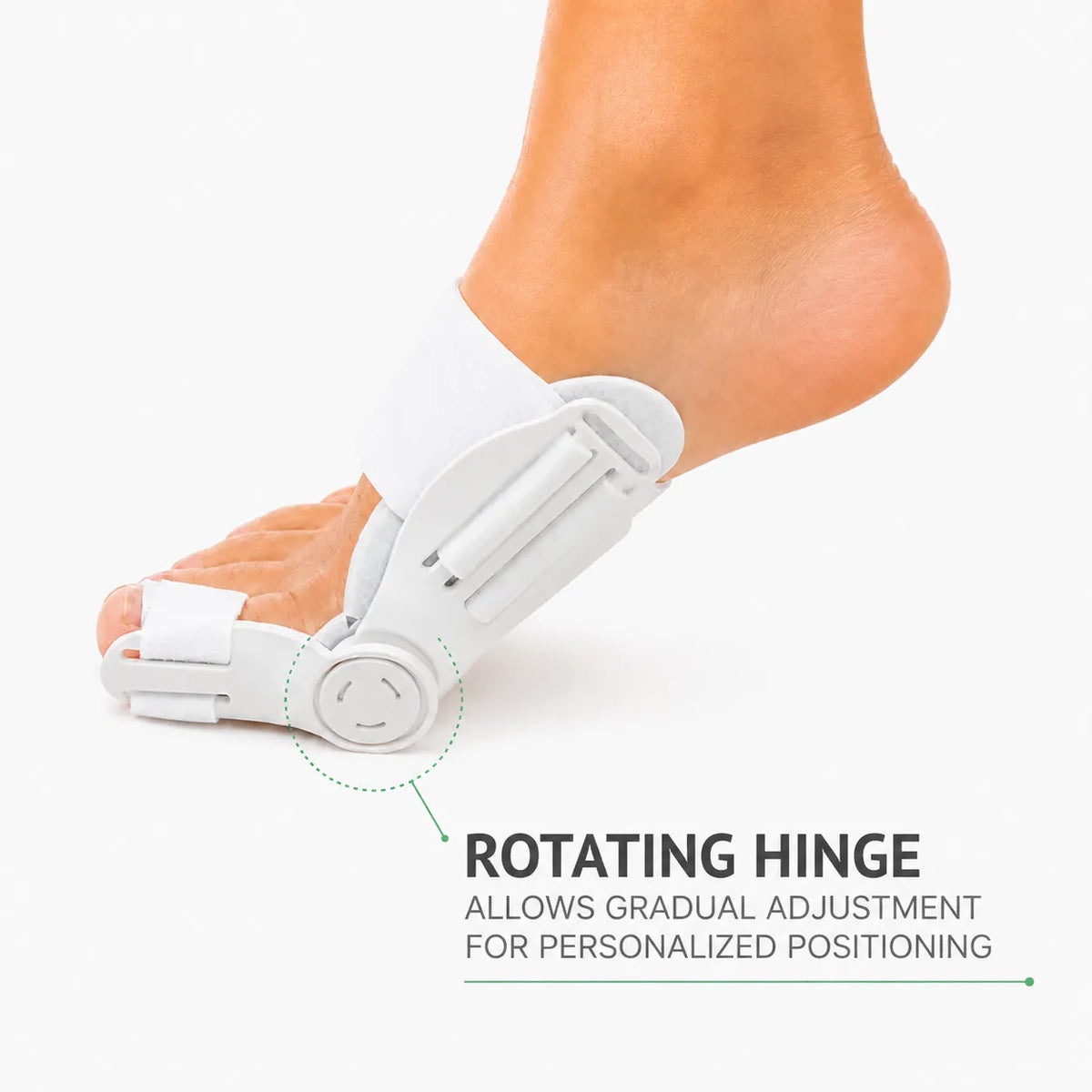 Stortåstöd vid hallux valgus med roterande led för justerbar positionering av stortån.