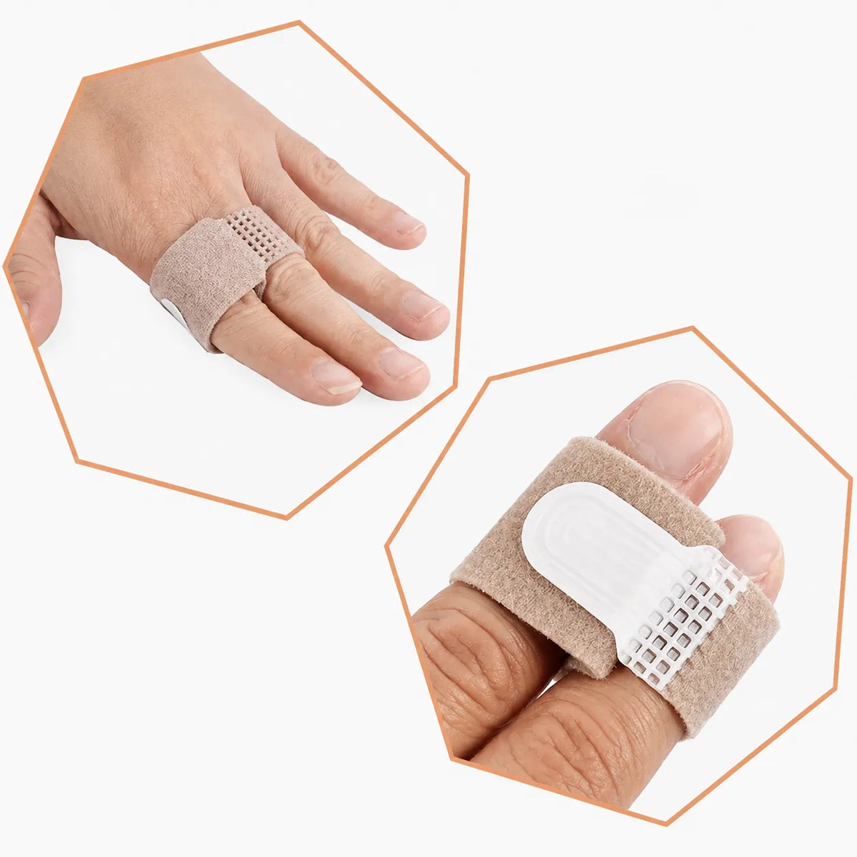 Tå- och fingerband med kardborre visat runt ett finger.