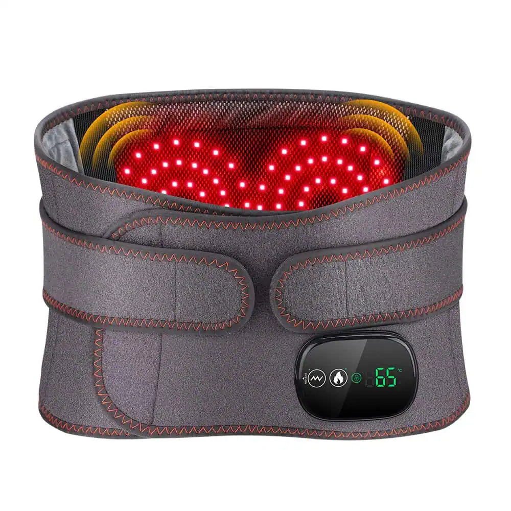 Värmebälte med vibrationsmassage, rött LED-ljus och integrerad kontrollpanel.