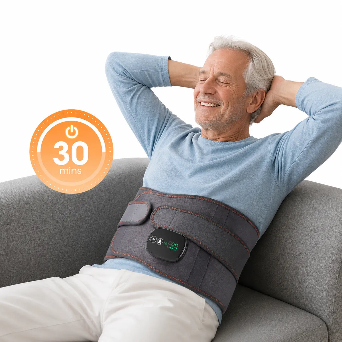 Värmebälte med massage och 30-minuterstimer, visat runt midjan under användning.