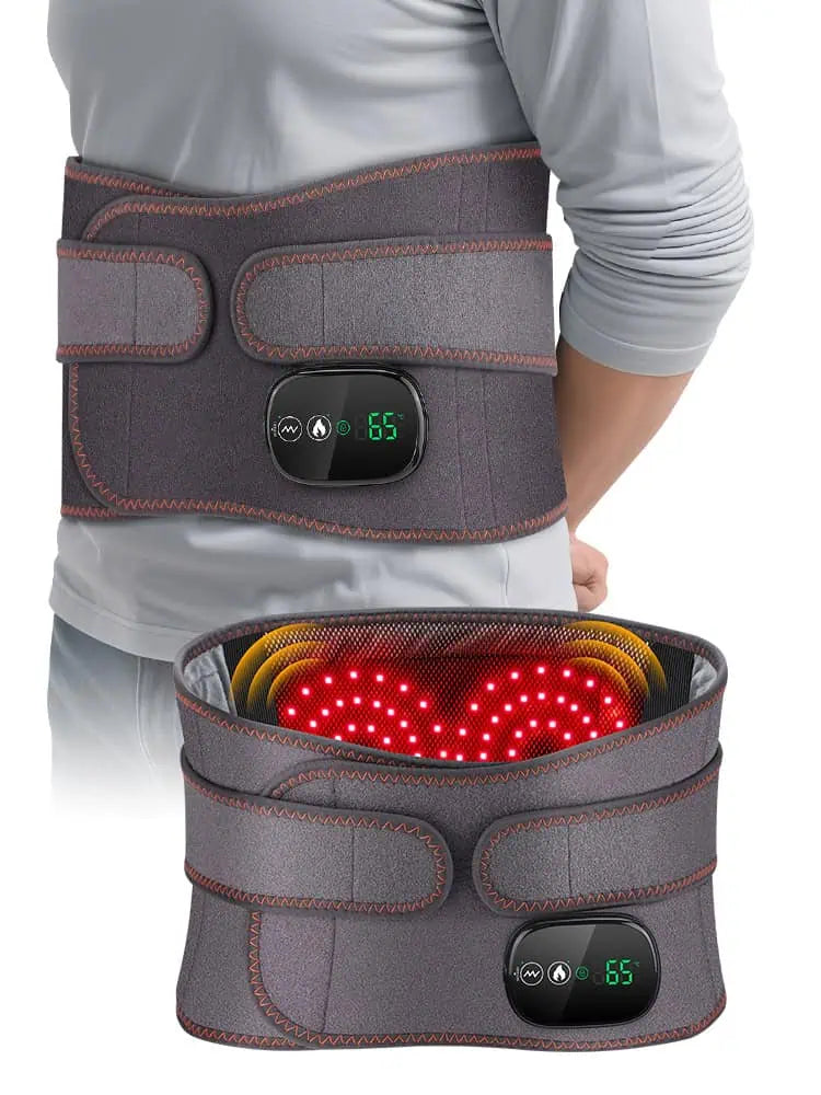 Värmebälte med vibrationsmassage och rött LED-ljus, visat runt ländryggen.
