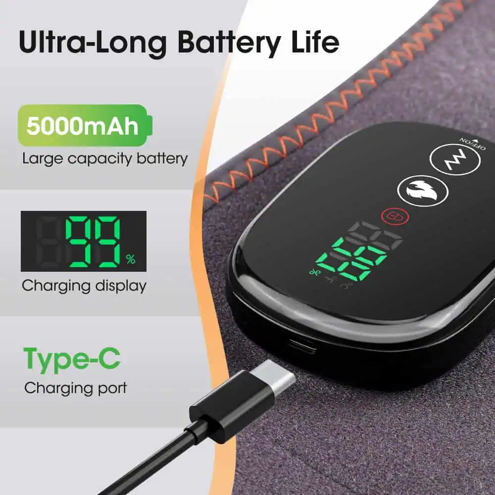 Värmebälte med 5000 mAh batteri, laddningsindikator och USB-C-laddning.