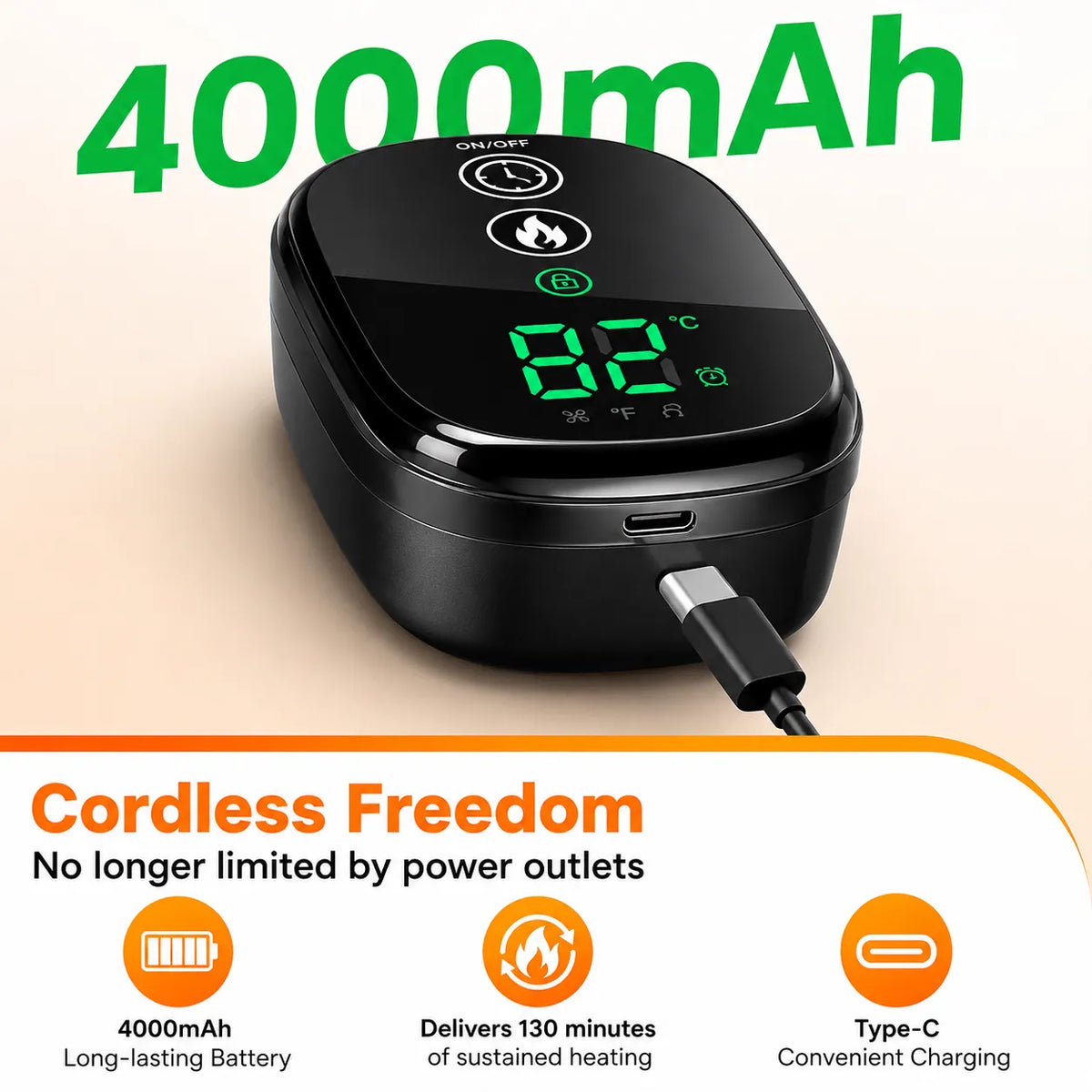 Uppladdningsbart batteri till värmekrage med USB-C-laddning och digital temperaturdisplay